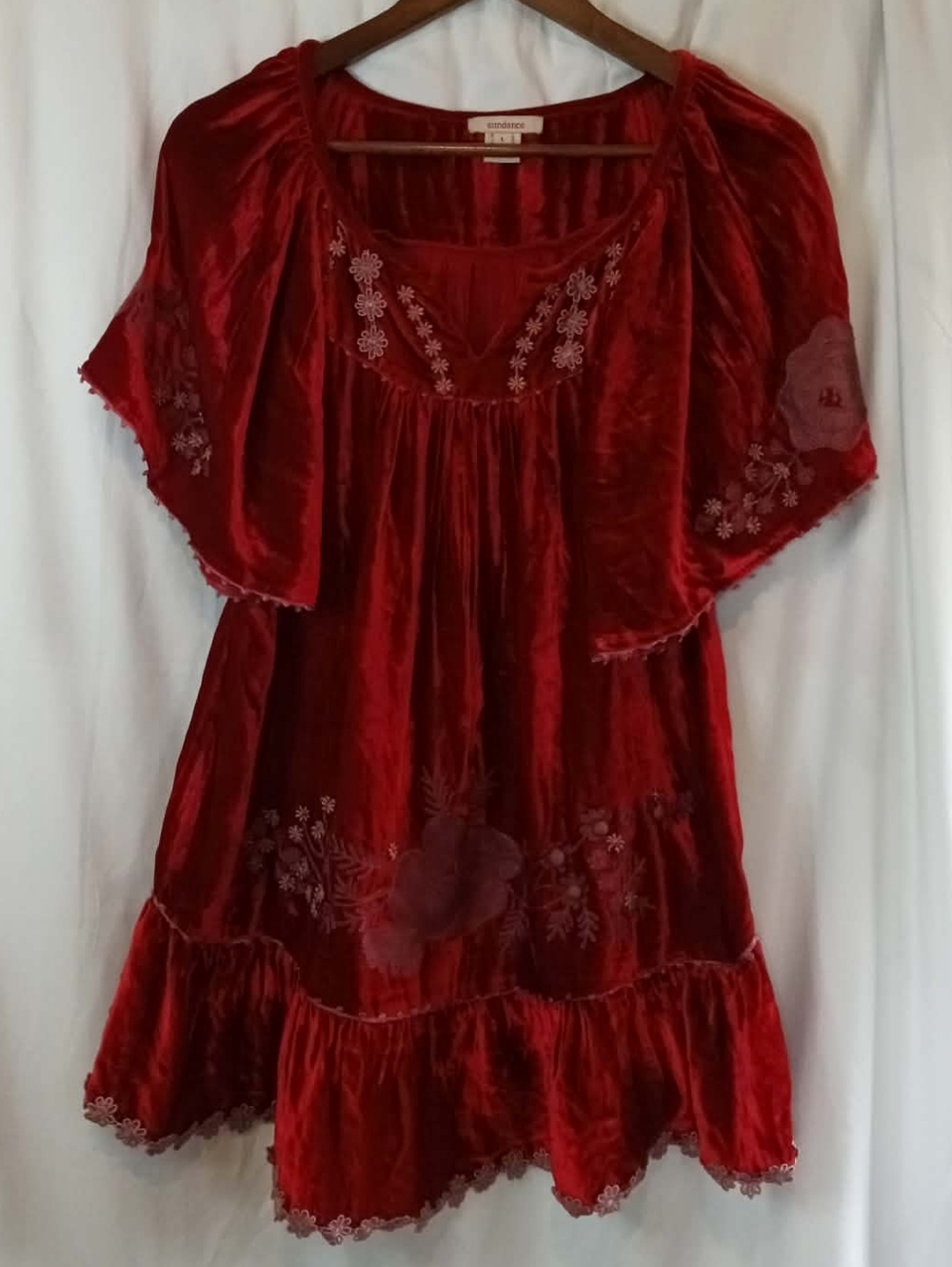 Goth Flowy Vampire Sundance Red Velvet Embroidered Top Victorian Boho Ruffle Hot - Picture 1 of 5